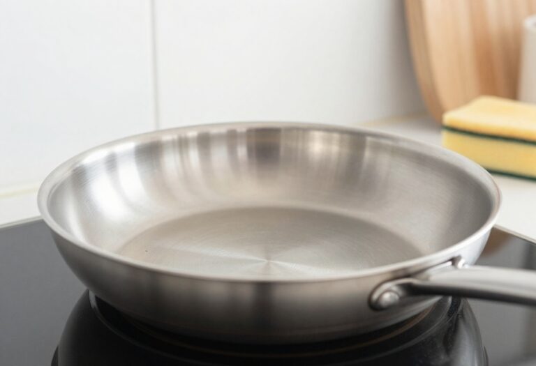 Clean frying pan bottom with a sponge nearby