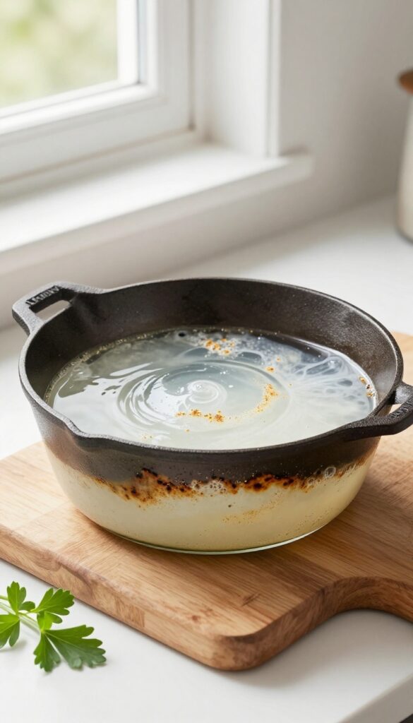 Cast iron skillet soaking in vinegar solution to strip old seasoning
