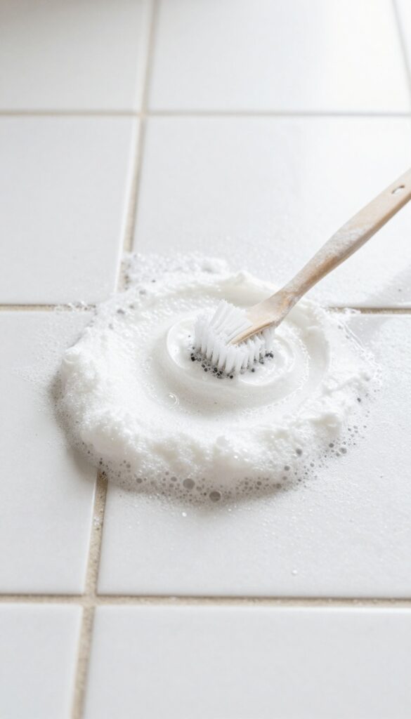 Applying baking soda and vinegar paste to tile grout with a toothbrush