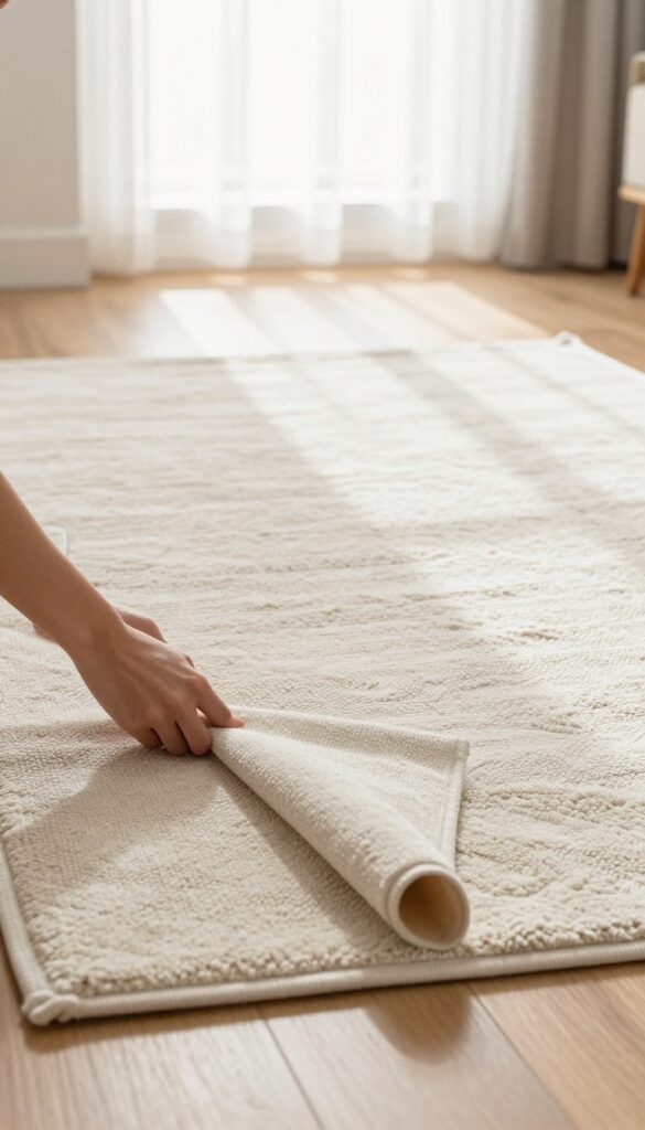 Person flipping corner of a textured rug on a wooden floor to vacuum the back, bright natural light, home decor style.