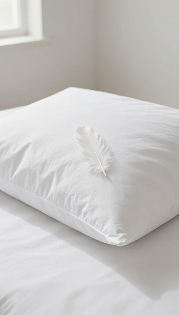 Pristine white feather pillow on a clean bed in natural light
