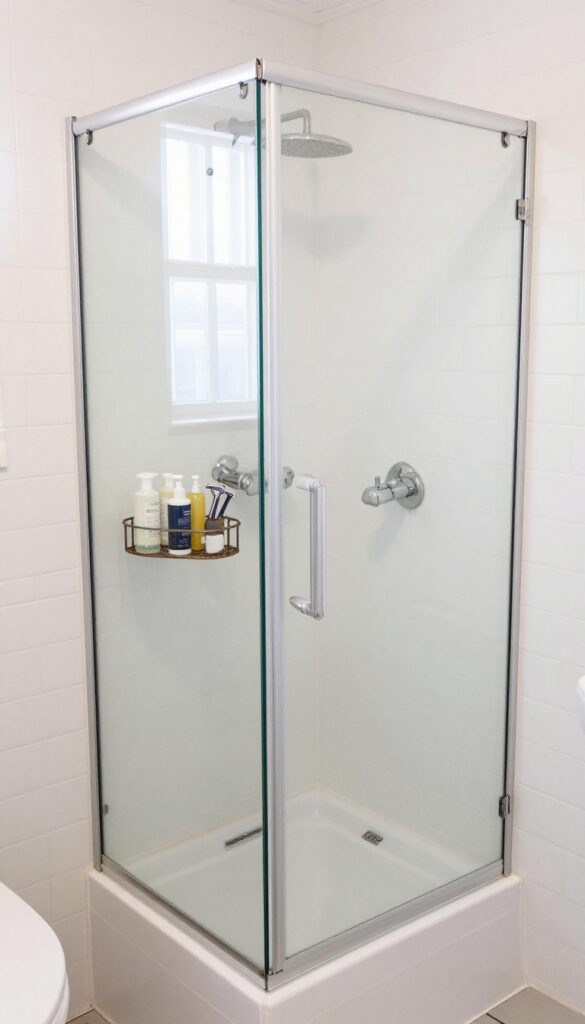 Corner shower caddy with vertical storage in a small shower-only bathroom
