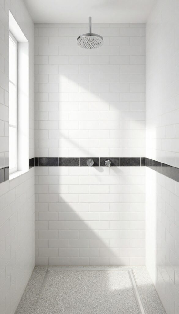 Modern bathroom shower with horizontal charcoal tile band accent at eye level on white subway tile, natural light, clean design