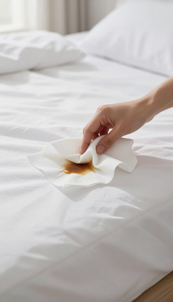 Blotting a fresh coffee stain on a white mattress with a paper towel from the outside inward in a bright bedroom.