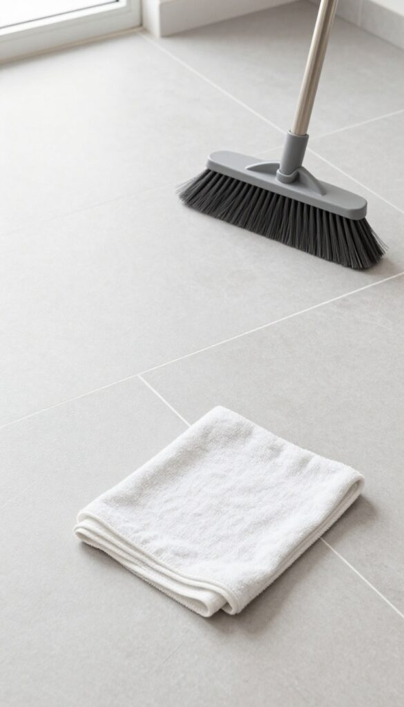 Clean tile floor with broom and mop for regular maintenance