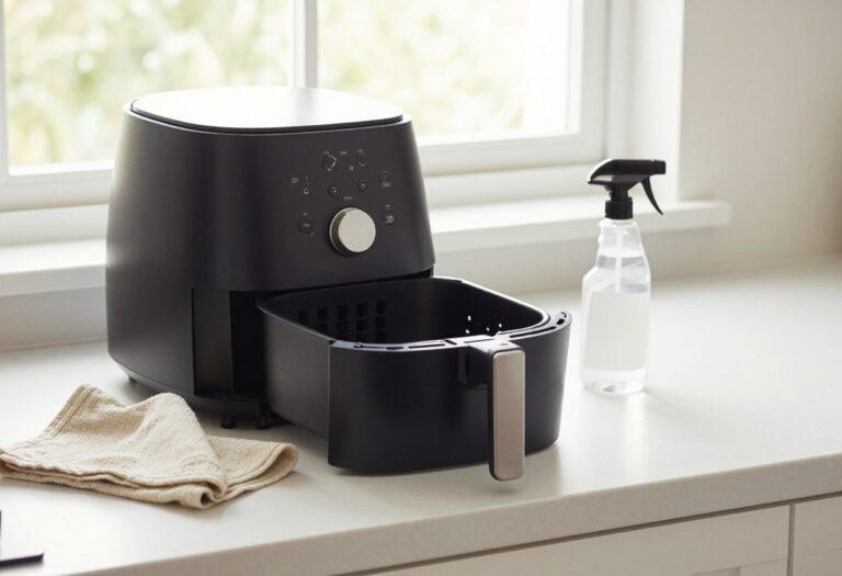 Clean air fryer basket and tray with cleaning supplies on a kitchen counter