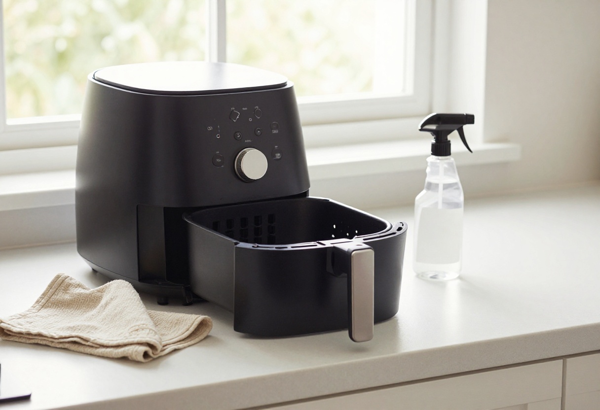 Clean air fryer basket and tray with cleaning supplies on a kitchen counter