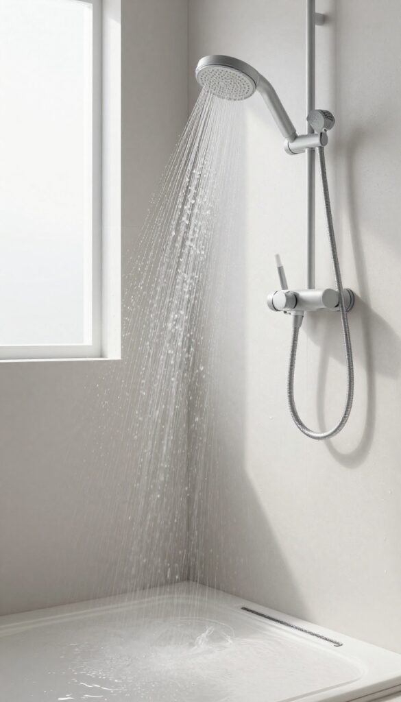 A person rinsing a fiberglass shower stall with a handheld showerhead, water droplets on walls and floor, bright natural light, clean and fresh look.