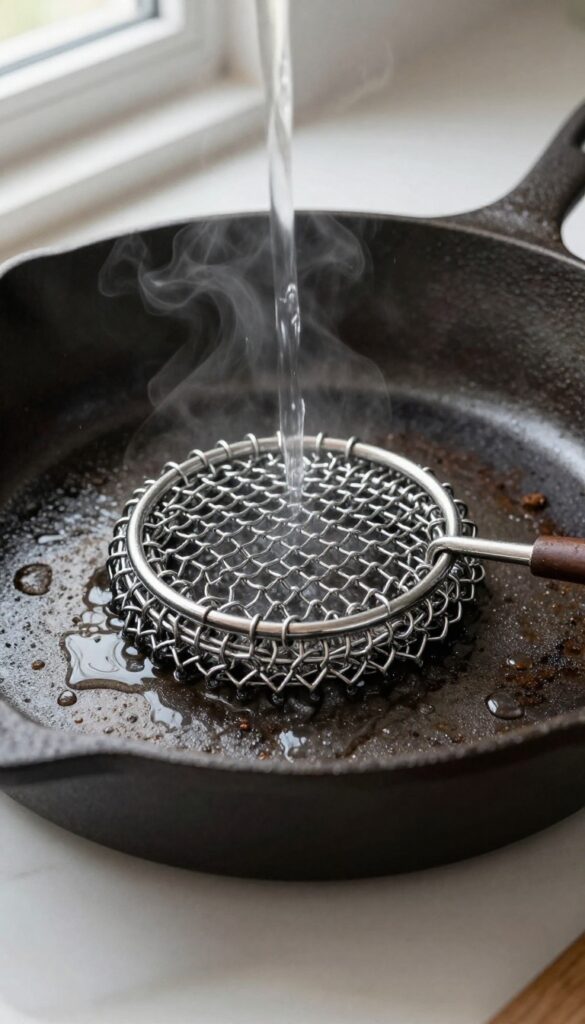 Cast iron skillet being scrubbed with chainmail scrubber under hot water