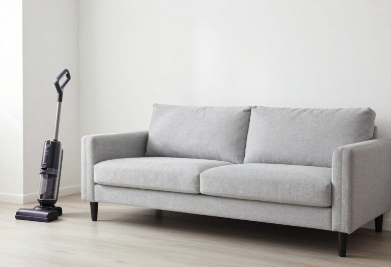 Clean microfiber couch in a bright living room with vacuum cleaner