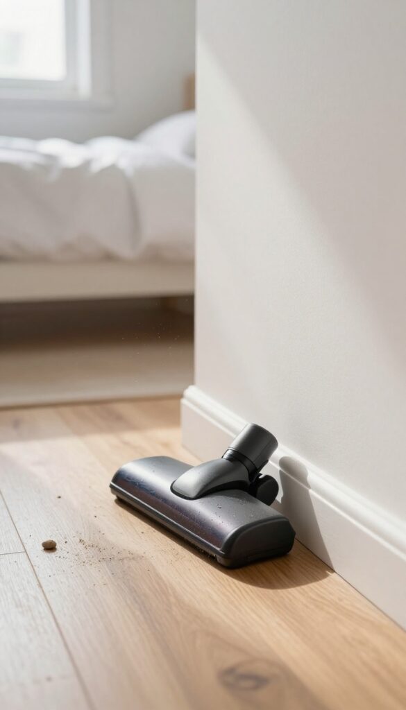 Cleaning under the bed with a vacuum crevice tool to remove dust and debris