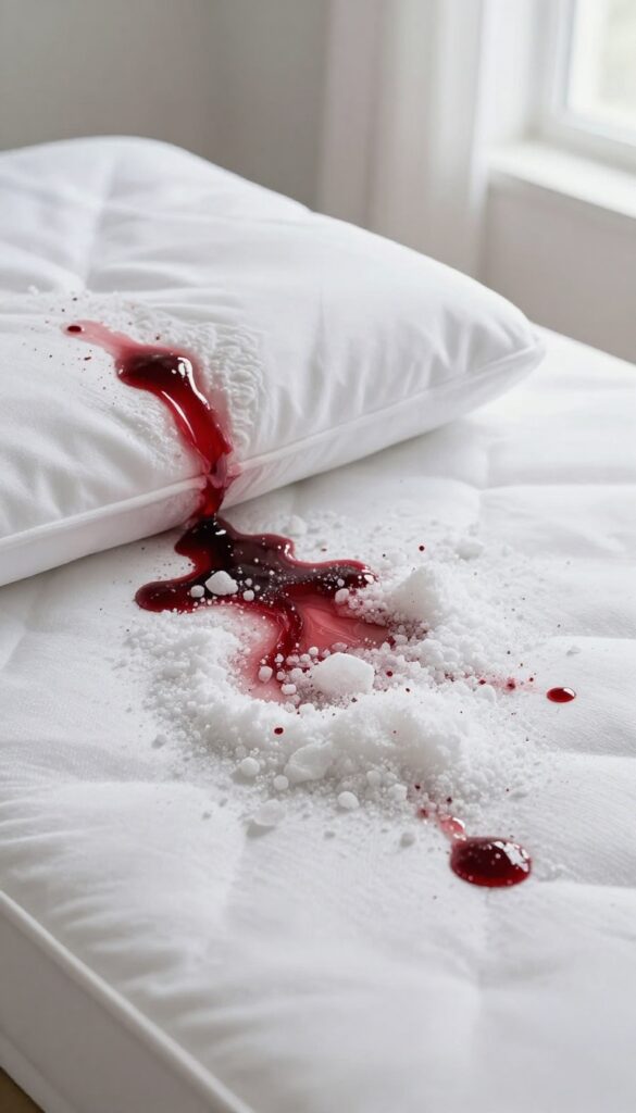 Pouring salt over a red wine spill on a white mattress to absorb the stain
