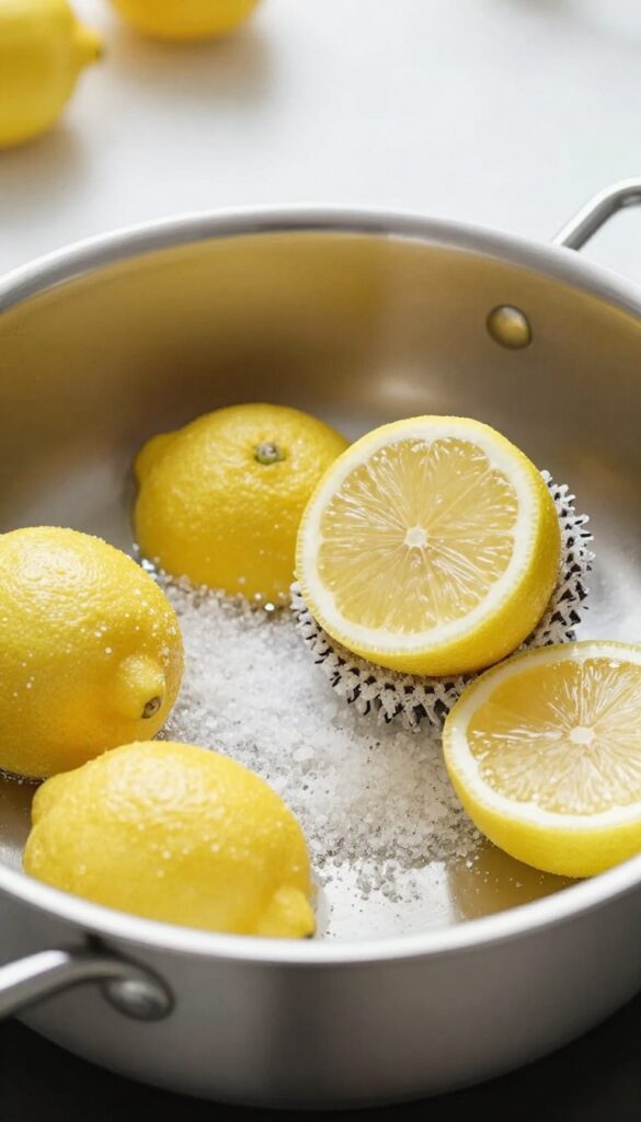 Cleaning a stainless steel pan with lemon and salt to remove stains