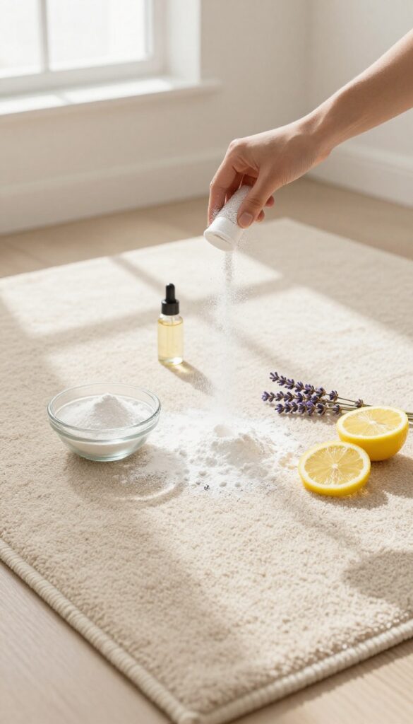 Hand sprinkling DIY carpet shampoo powder on beige carpet with essential oils and natural ingredients nearby.