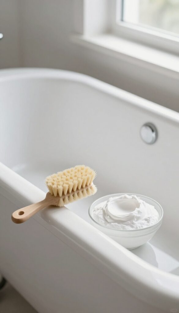 Baking soda paste applied to a stubborn stain on a white bathtub, with a soft brush nearby, in bright natural light.