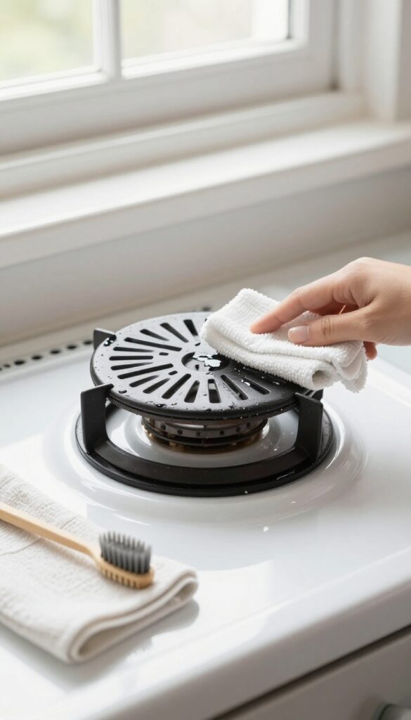 Cleaning an electric coil burner with a damp cloth and soft brush