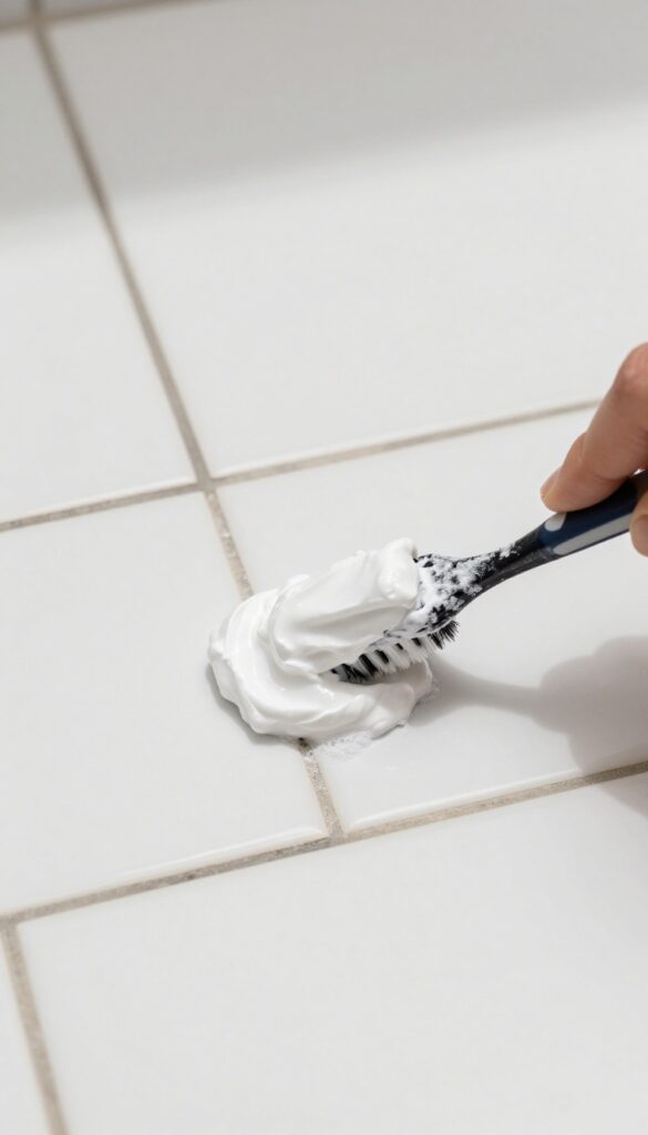 Cleaning grout lines with a baking soda paste using a toothbrush