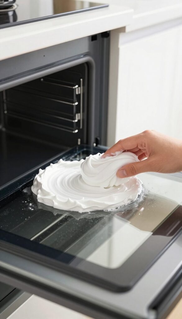 Applying baking soda paste to clean oven door glass