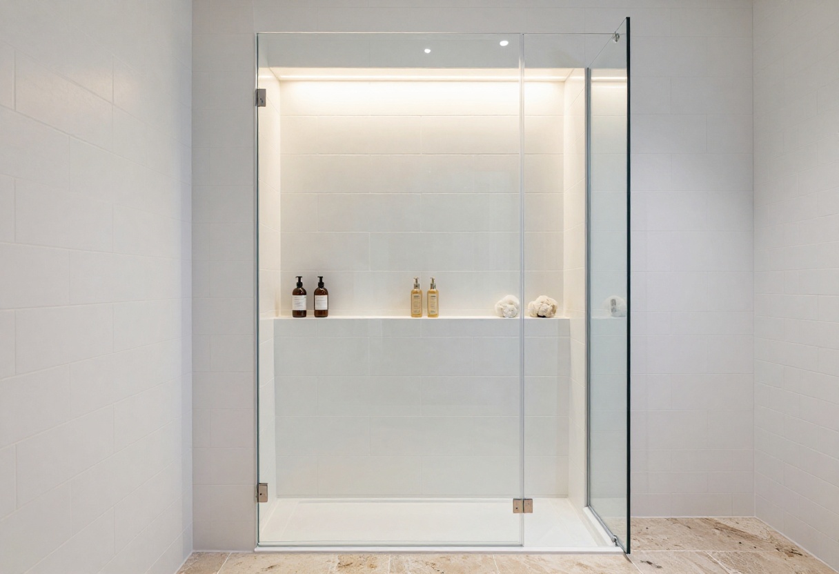 Modern shower with a backlit tile niche holding toiletries