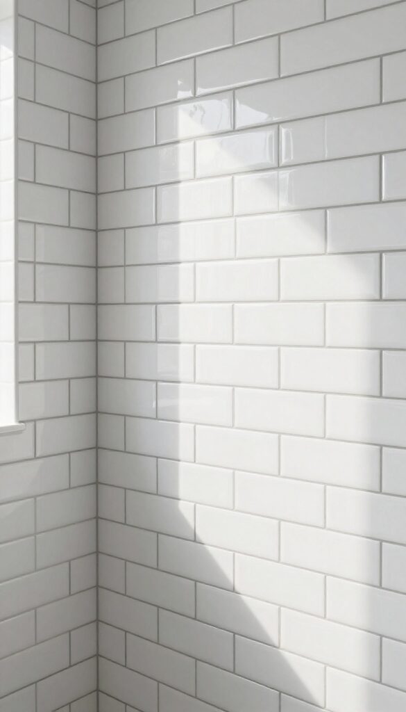 Glossy white subway tiles with dark grout in a modern shower, bright natural light, clean and minimal bathroom design