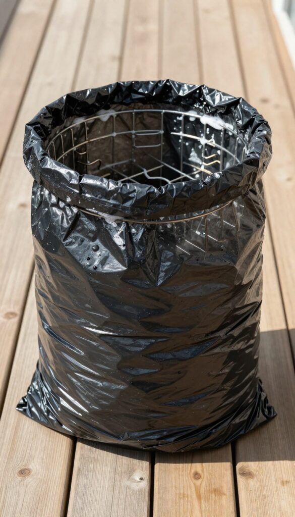 Oven racks inside a trash bag soaking in sunlight on a deck