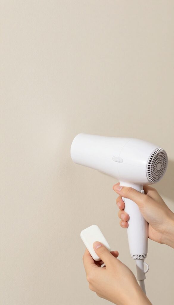 Hand using hair dryer to warm a scuff on a wall, with eraser nearby