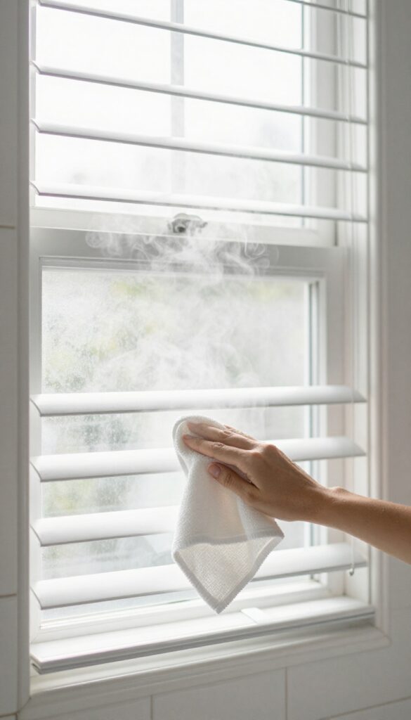 Person wiping steam-cleaned bathroom blinds with a dry microfiber cloth after a hot shower.