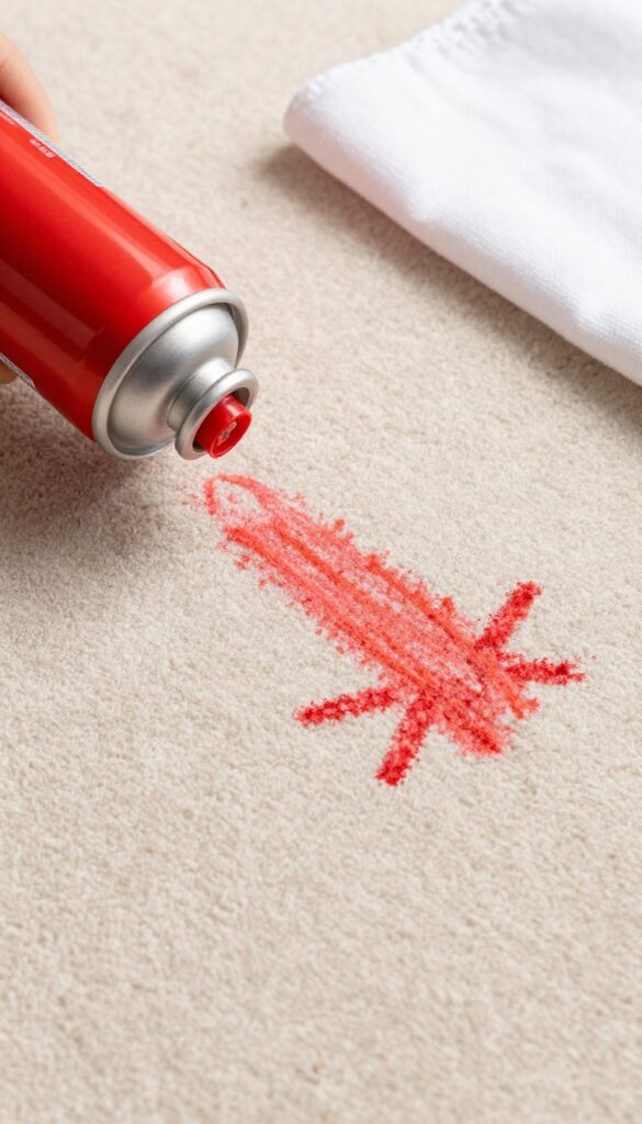 Close-up of hairspray being sprayed on a crayon mark on a beige carpet, with a white cloth nearby.