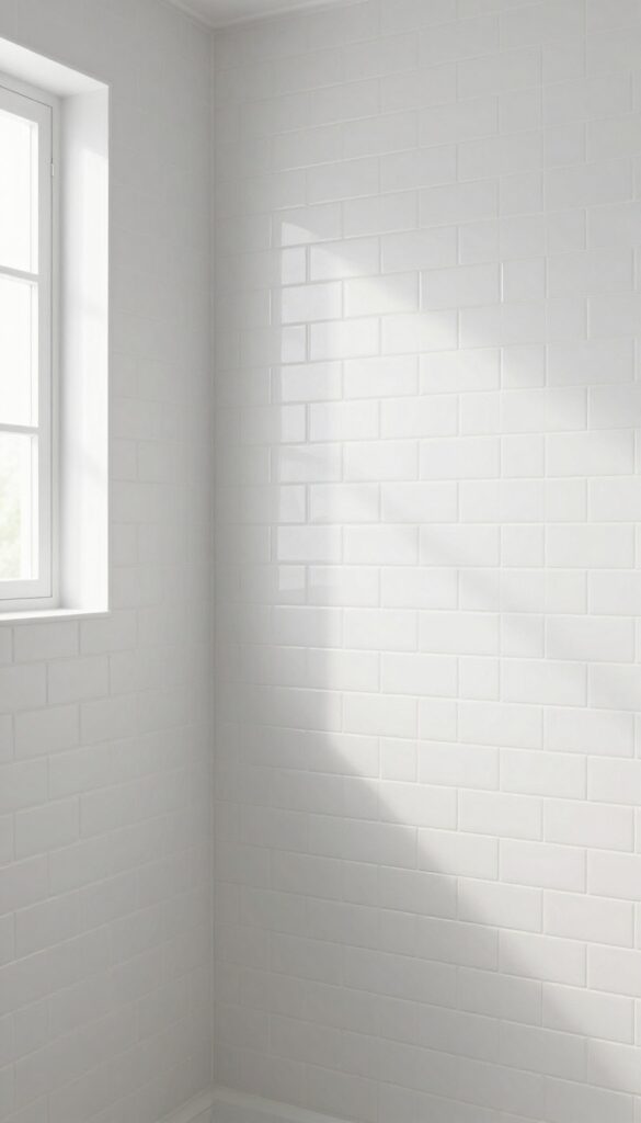 Classic white subway tile shower in herringbone pattern with natural light