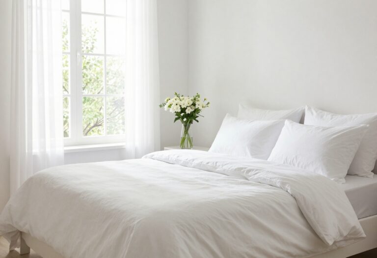 A calm, clean bedroom with fresh linens and natural light, creating a peaceful retreat.