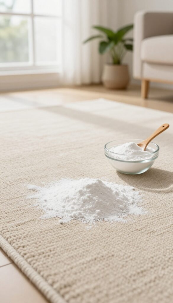 Baking soda sprinkled on a rug for odor removal in a bright living room