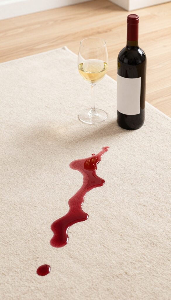 Red wine stain on light carpet with white wine and club soda nearby