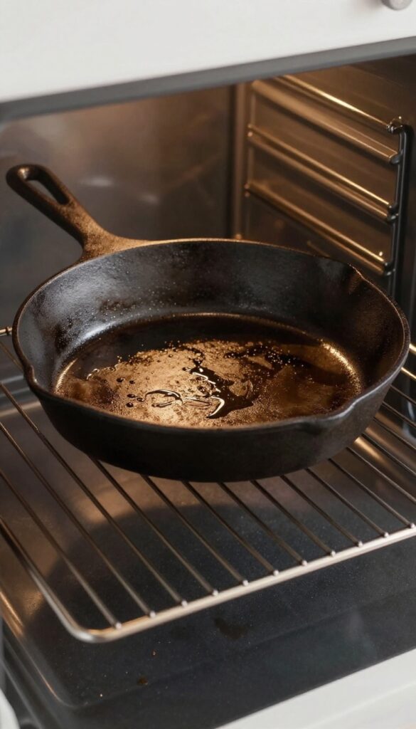Cast iron skillet being seasoned upside down in oven