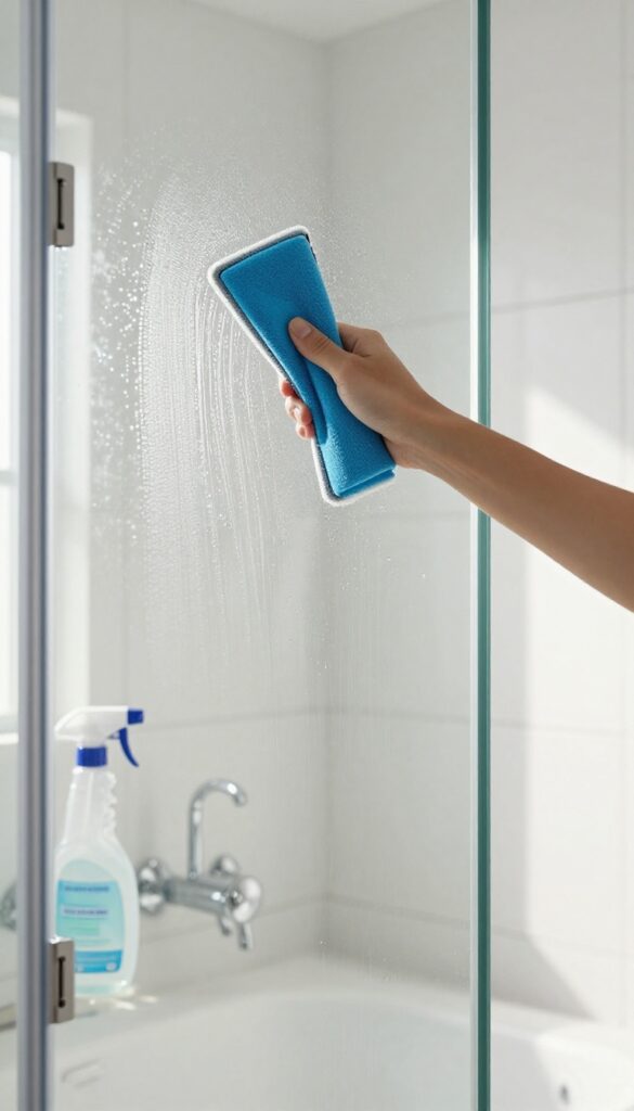 Cleaning a glass shower door with a squeegee and commercial glass cleaner