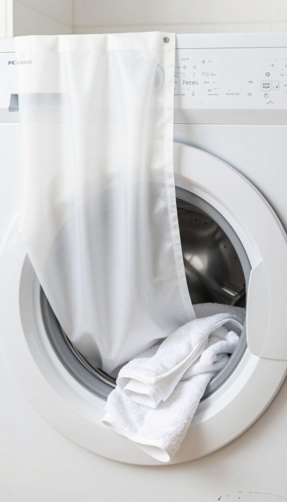 Shower curtain liner being removed from washing machine with towels
