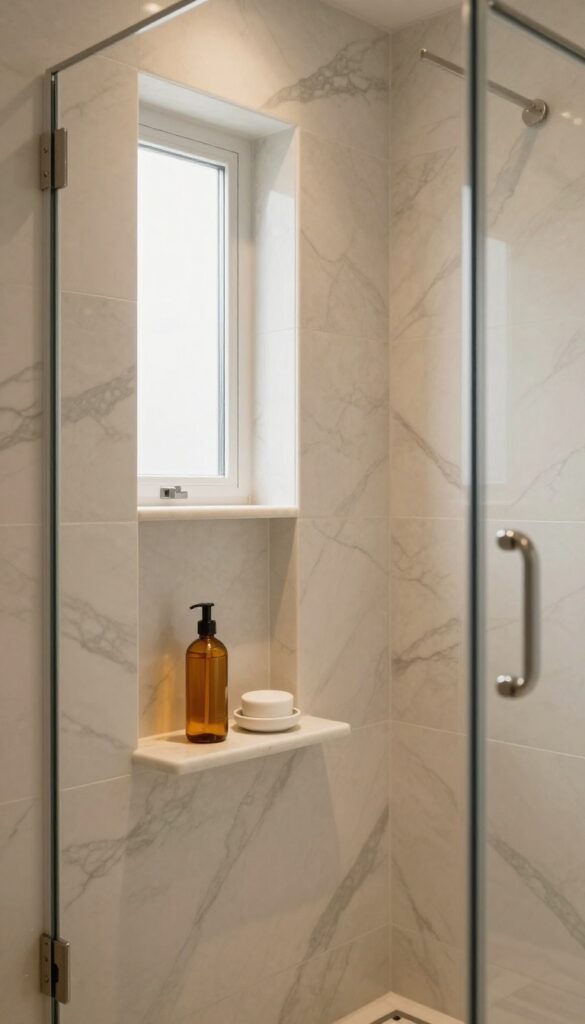 Marble tile shower niche with natural light and elegant fixtures