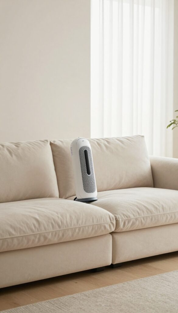 Professional sofa drying with air mover in bright living room