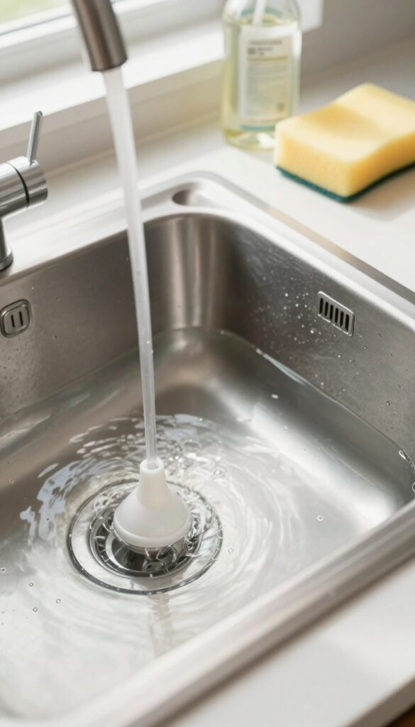 A plunger placed over a kitchen sink drain to clear a slow drain