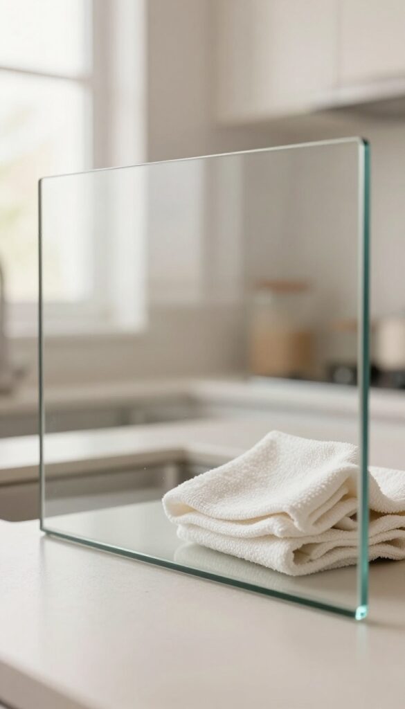 Clean oven door glass with a microfiber cloth on the edge, bright natural light, no streaks