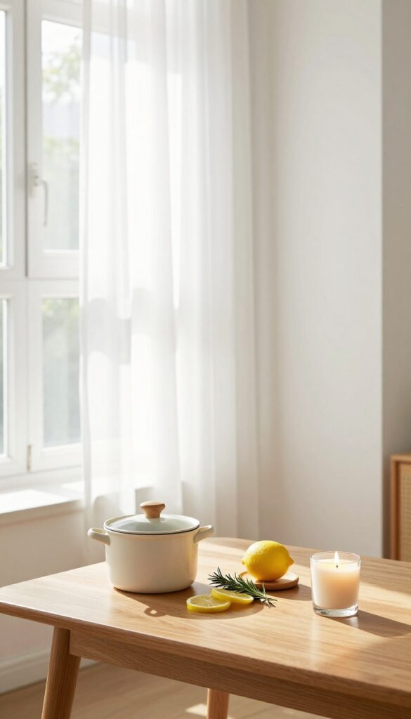 Sunlit living room with open windows, sheer curtains, simmer pot, and candle