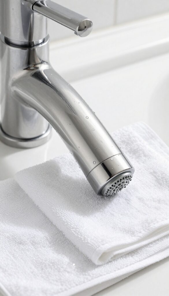 Close-up of a hand drying a clean shower head with a microfiber cloth in bright natural light