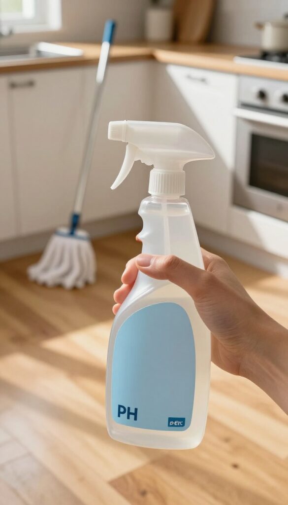 Hand holding pH-neutral floor cleaner in bright kitchen with hardwood floors