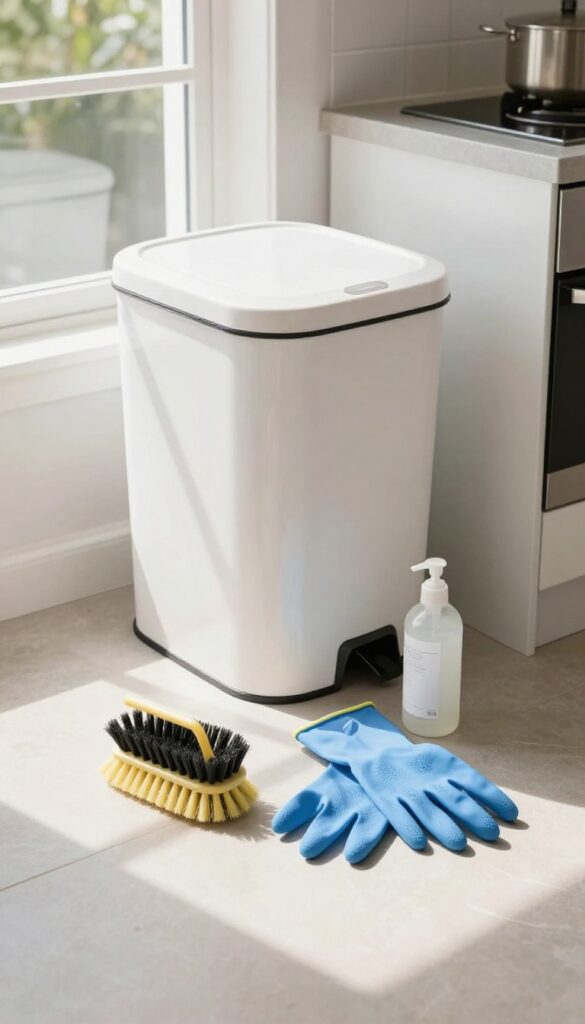 Clean trash can and recycling bin drying upside down in sunlight with cleaning supplies nearby