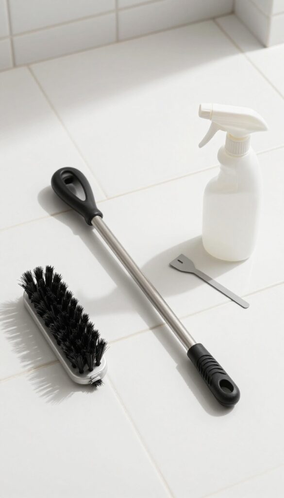 Grout cleaning tool kit with brush, scraper, and cleaner on bathroom tiles