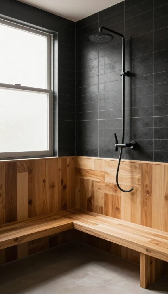 Black tile shower with warm wood accents, featuring a teak bench and wood slat wall, bright natural light, spa-like atmosphere.