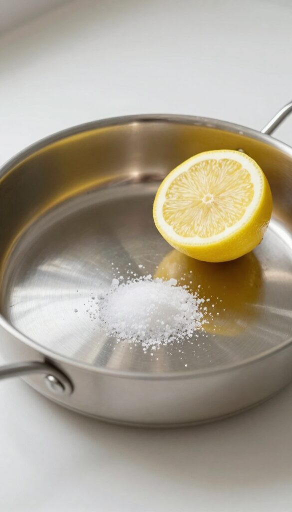 Stainless steel pan with lemon and salt for cleaning and restoring shine