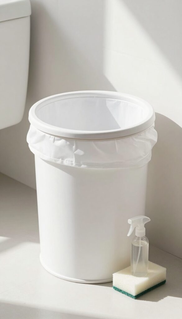 Freshly cleaned bathroom trash can with baking soda and new liner