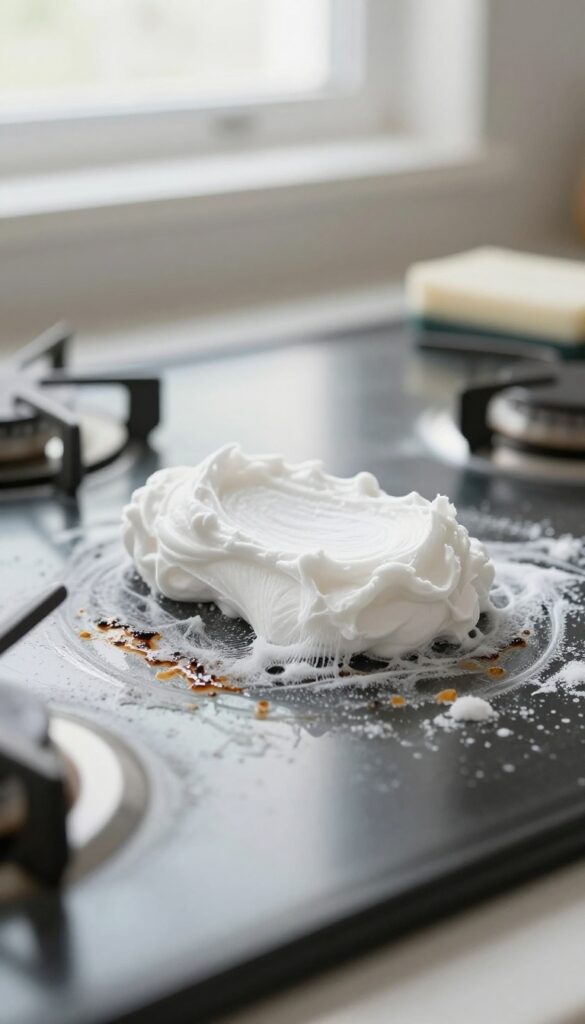 Baking soda paste applied to burnt food on a glass stove top