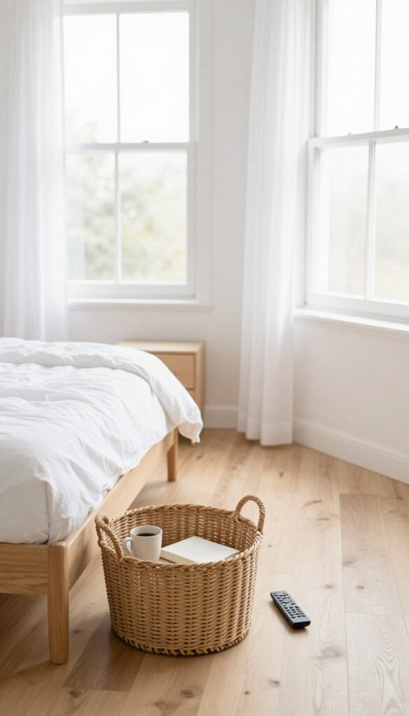 A clean bedroom with a basket containing a coffee mug, a book, and a remote control on the floor, ready to be returned to other rooms.