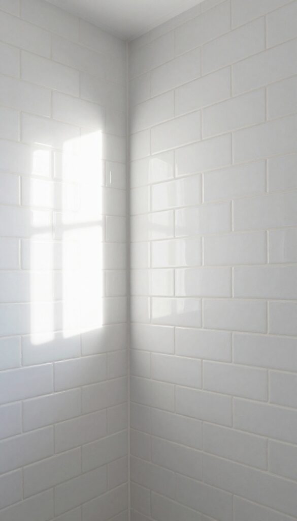 Glossy white subway tile shower niche reflecting light in a bright bathroom